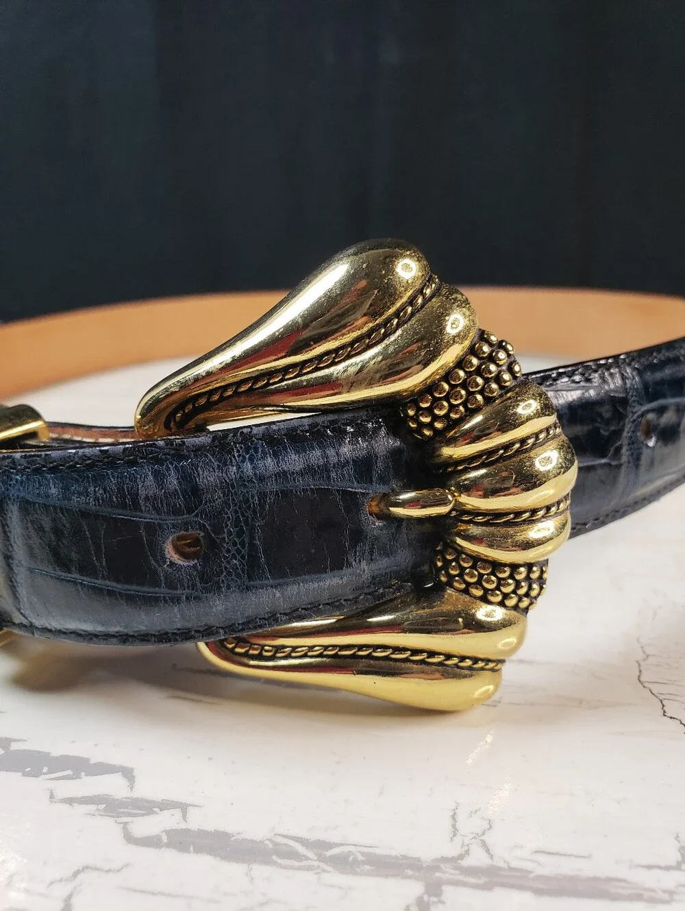 Onyx Embossed Crocodile Belt on Genuine Leather in Dark Navy - Women's size 30